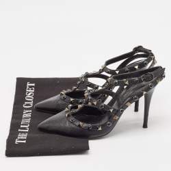Pre Owned Valentino Black Leather Rockstud Ankle Strap Pumps Size 36
