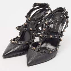Pre Owned Valentino Black Leather Rockstud Ankle Strap Pumps Size 36