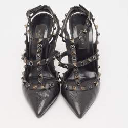 Pre Owned Valentino Black Leather Rockstud Ankle Strap Pumps Size 36