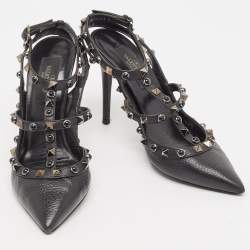 Pre Owned Valentino Black Leather Rockstud Ankle Strap Pumps Size 36