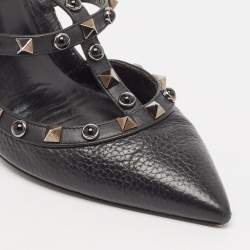 Pre Owned Valentino Black Leather Rockstud Ankle Strap Pumps Size 36