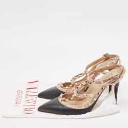 Pre Owned Valentino Black/Pink Leather Rockstud Strappy Pointed Toe Pumps Size 41