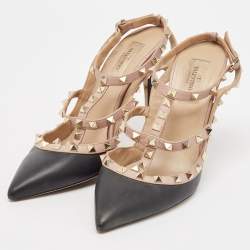 Pre Owned Valentino Black/Pink Leather Rockstud Strappy Pointed Toe Pumps Size 41