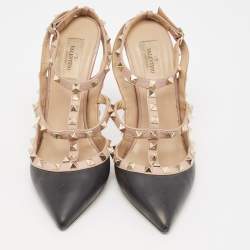 Pre Owned Valentino Black/Pink Leather Rockstud Strappy Pointed Toe Pumps Size 41
