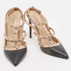 Pre Owned Valentino Black/Pink Leather Rockstud Strappy Pointed Toe Pumps Size 41