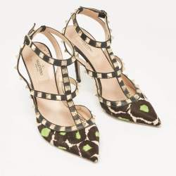 Valentino Multicolor Calf Hair and Leather Rockstud Ankle Strap Pumps Size 37.5