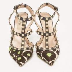Valentino Multicolor Calf Hair and Leather Rockstud Ankle Strap Pumps Size 37.5