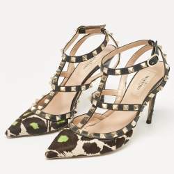 Valentino Multicolor Calf Hair and Leather Rockstud Ankle Strap Pumps Size 37.5