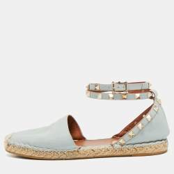 Valentino Grey Leather Rockstud Espadrille Flats Size 38