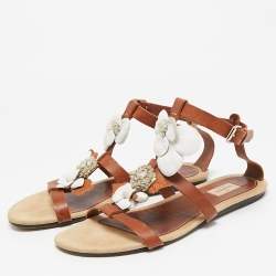 Valentino Brown Leather Flower and Leaf Strappy Flat Sandals Size 40.5