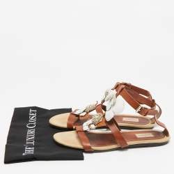 Valentino Brown Leather Flower and Leaf Strappy Flat Sandals Size 40.5