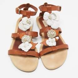 Valentino Brown Leather Flower and Leaf Strappy Flat Sandals Size 40.5