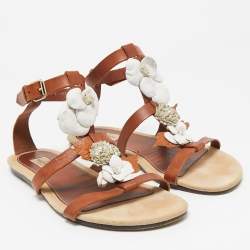 Valentino Brown Leather Flower and Leaf Strappy Flat Sandals Size 40.5
