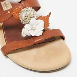 Valentino Brown Leather Flower and Leaf Strappy Flat Sandals Size 40.5