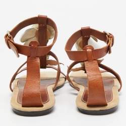 Valentino Brown Leather Flower and Leaf Strappy Flat Sandals Size 40.5