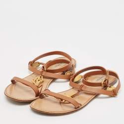 Valentino Brown Leather Star and Tree Embellished Flat Sandals Size 39