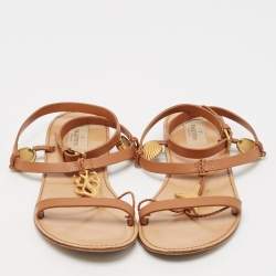 Valentino Brown Leather Star and Tree Embellished Flat Sandals Size 39