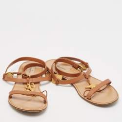 Valentino Brown Leather Star and Tree Embellished Flat Sandals Size 39
