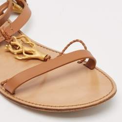 Valentino Brown Leather Star and Tree Embellished Flat Sandals Size 39