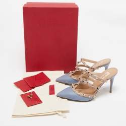 Pre Owned Valentino Blue/Dusty Pink Leather Rockstud Mules Size 37