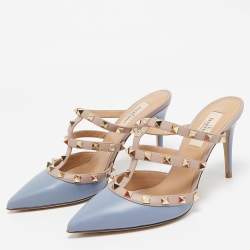 Pre Owned Valentino Blue/Dusty Pink Leather Rockstud Mules Size 37
