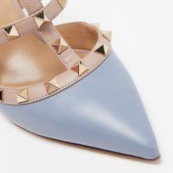 Pre Owned Valentino Blue/Dusty Pink Leather Rockstud Mules Size 37