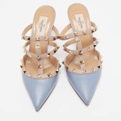Pre Owned Valentino Blue/Dusty Pink Leather Rockstud Mules Size 37