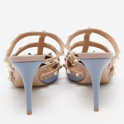 Pre Owned Valentino Blue/Dusty Pink Leather Rockstud Mules Size 37