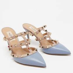 Pre Owned Valentino Blue/Dusty Pink Leather Rockstud Mules Size 37