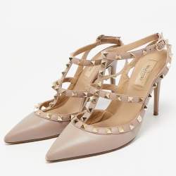 Pre Owned Valentino Dusty Pink Leather Rockstud Ankle Strap Pumps Size 38