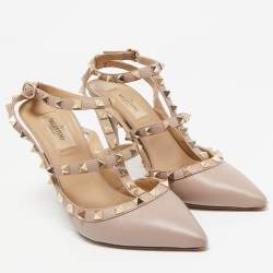 Pre Owned Valentino Dusty Pink Leather Rockstud Ankle Strap Pumps Size 38