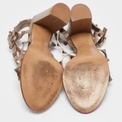 Pre Owned Valentino Metallic Beige Leather Rockstud Ankle Strap Sandals Size 37.5
