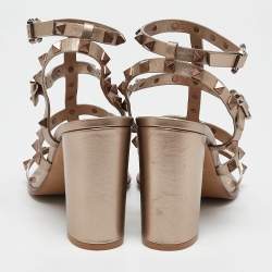 Pre Owned Valentino Metallic Beige Leather Rockstud Ankle Strap Sandals Size 37.5