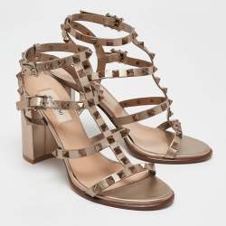 Pre Owned Valentino Metallic Beige Leather Rockstud Ankle Strap Sandals Size 37.5