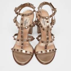 Pre Owned Valentino Metallic Beige Leather Rockstud Ankle Strap Sandals Size 37.5