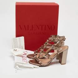 Pre Owned Valentino Metallic Beige Leather Rockstud Ankle Strap Sandals Size 37.5
