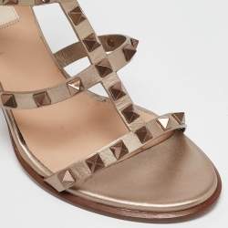 Pre Owned Valentino Metallic Beige Leather Rockstud Ankle Strap Sandals Size 37.5
