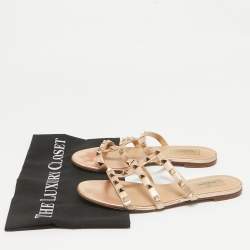 Pre Owned Valentino Rose Gold Leather Rockstud Flat Sandals Size 37