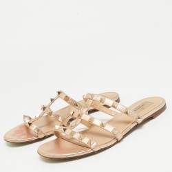 Pre Owned Valentino Rose Gold Leather Rockstud Flat Sandals Size 37