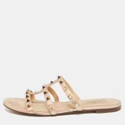 Pre Owned Valentino Rose Gold Leather Rockstud Flat Sandals Size 37