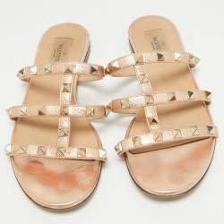 Pre Owned Valentino Rose Gold Leather Rockstud Flat Sandals Size 37