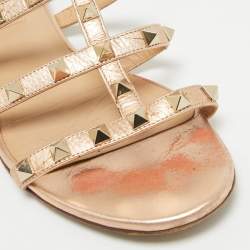 Pre Owned Valentino Rose Gold Leather Rockstud Flat Sandals Size 37