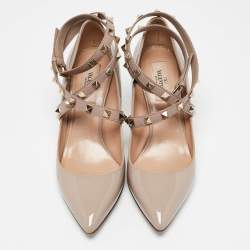 Pre Owned Valentino Beige Patent Leather Rockstud Pumps Size 37