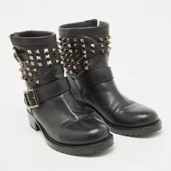Valentino Black Leather Rockstud Ankle Length Boots Size 38