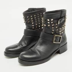 Valentino Black Leather Rockstud Ankle Length Boots Size 38