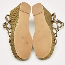 Pre Owned Valentino Green Leather Rockstud Wedge Sandals Size 38