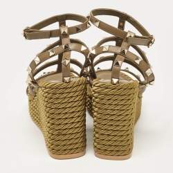 Pre Owned Valentino Green Leather Rockstud Wedge Sandals Size 38