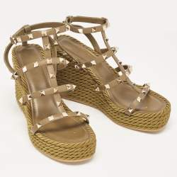Pre Owned Valentino Green Leather Rockstud Wedge Sandals Size 38