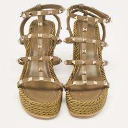 Pre Owned Valentino Green Leather Rockstud Wedge Sandals Size 38