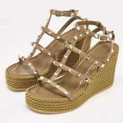 Pre Owned Valentino Green Leather Rockstud Wedge Sandals Size 38